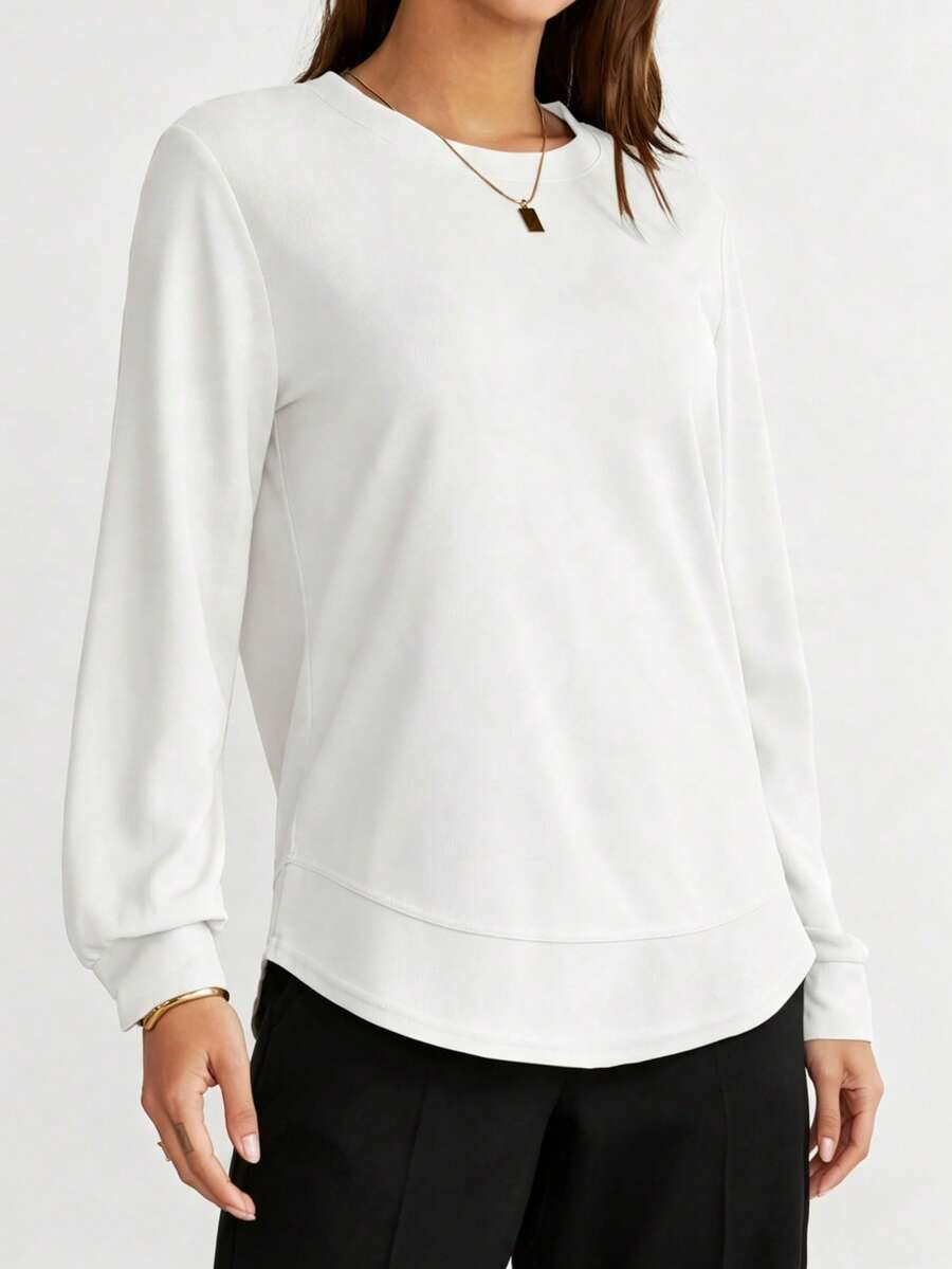 Women's Autumn/Winter Curved Hem Small Waffle Texture Elastic Sweatshirt, Suitable For Outdoor Leisure Sports Running Hiking Cycling, Daily Commute College Style Long Sleeve Top - White - View 1