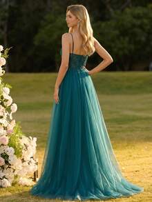 Women's Elegant Mesh Patchwork Cinched Waist Evening Party Dress - Dark Green - View 2
