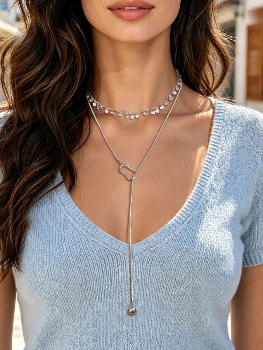 2pcs Gold-Tone Minimalist Necklace Set - Silver - View 1