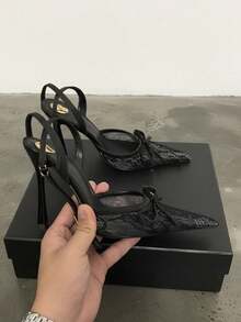 Lace Bow Back Strap Pointed Toe Stiletto High Heel Pumps, Plus Size Women's Nightclub Party Vibe High Heels - Black - View 5