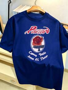 Men's Graphic Rose Tee Spring, Quality Fabric, Easy Fit, Breathable, Street Hip-Hop, Graphic Design - Blue - View 2