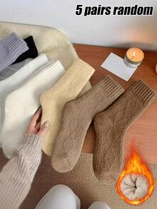 3/5 Pairs Of Random Ladies Socks In Winter Solid Color Soft, Warm And Simple Retro Stockings, Suitable For Daily Wear At Home. - Multicolor - View 11