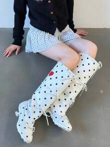 Polka Dot Red Heart Multi-Bow Stacked Knee-High Boots, Plus Size Women's Fashion Mini Kitten Heel Boots - White - View 3