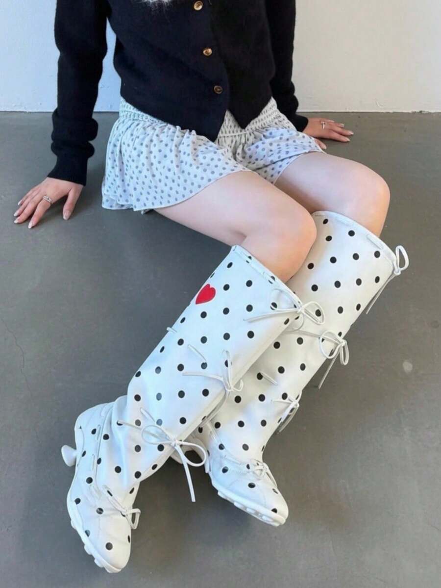 Polka Dot Red Heart Multi-Bow Stacked Knee-High Boots, Plus Size Women's Fashion Mini Kitten Heel Boots - White - View 1