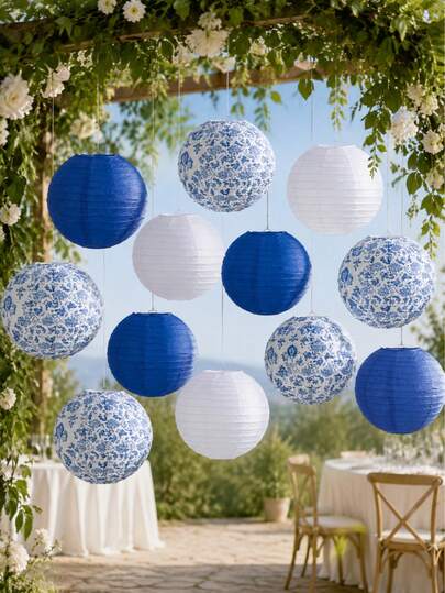 12 piezas de decoraciones de linternas de 10 pulgadas en tono azul, estilo de porcelana para tema de boda y fiesta, decoración colgante para habitación del hogar, cumpleaños, decoraciones colgantes redondas, adecuadas para el Día de San Valentín, cumpleaños, fiesta de boda, decoraciones de despedida de soltero