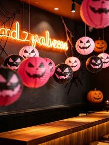 9/6/3pcs Halloween Paper Pumpkin Lanterns, Pink And Black Pumpkin Pattern, Suitable For Halloween Yard Decoration, Party Decoration, Event Setup, Home Decor, Halloween Photography Background, Creating Halloween Atmosphere - One Size Fits All - View 7
