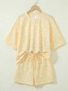 Acelitt Blassgelbes Polka-Dot 2-teiliges Casual-Set, Kurzarm-Top & Shorts mit Kordelzug, geeignet für Sommer, Zuhause, Lässig, elegant - Gelb - Übersicht 3