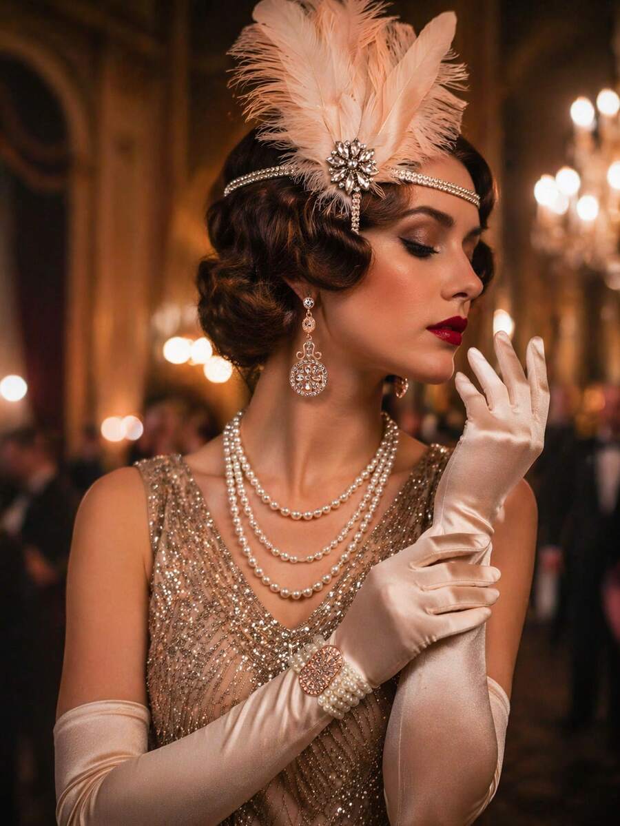 1920s Great Gatsby Accessories Set For Women Flapper Costume Accessories Feather Headband Roaring 20s Accessories Set - Pink - View 1