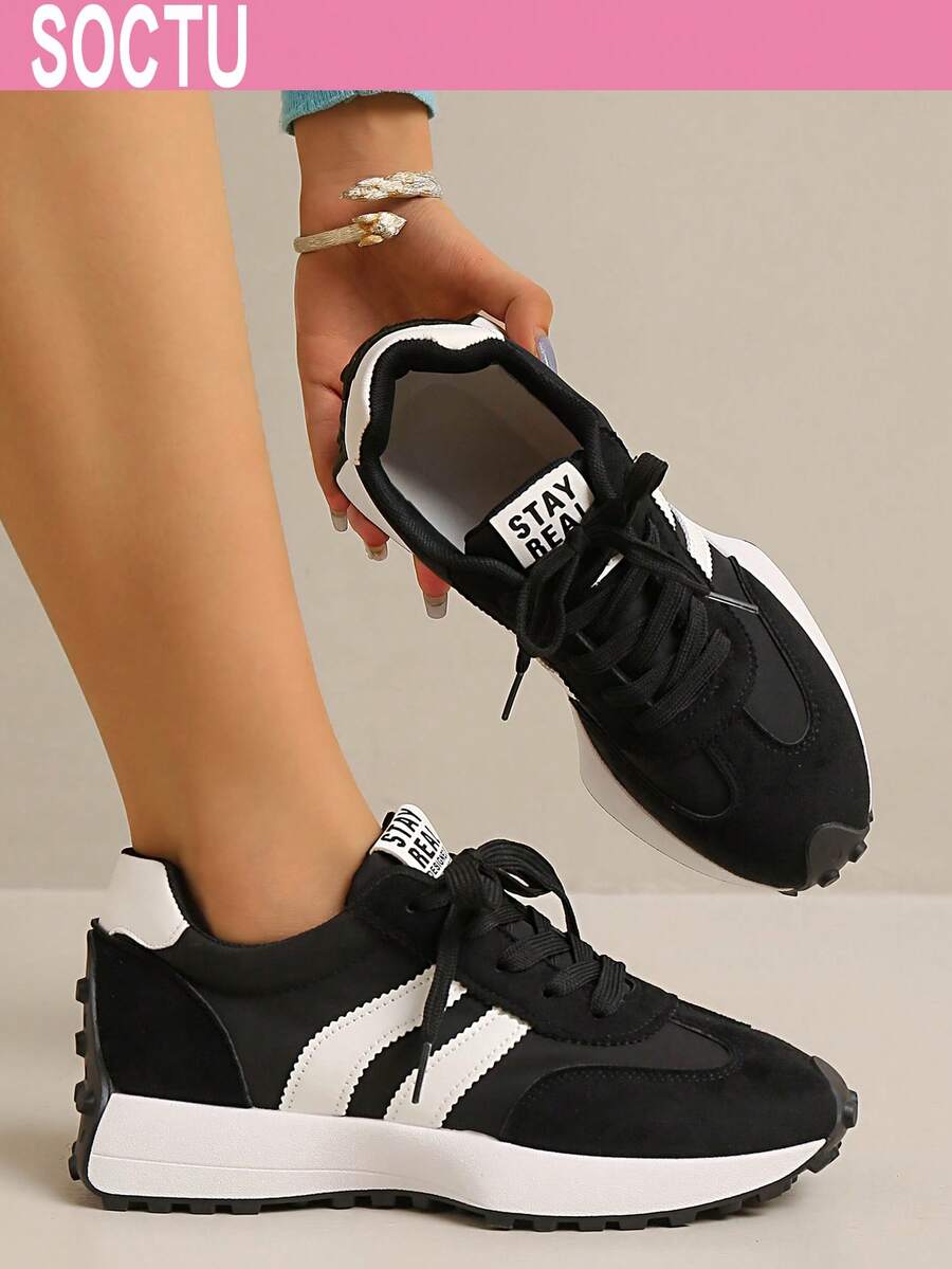 Sepatu Sneakers Platform Nyaman untuk Pelajar, Kasual, Nyaman, Bertali, Ujung Bulat, untuk Wanita - Hitam - View 1