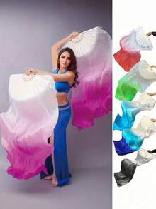 1pc Belly Dance Fan, Gradient Color Long Faux Silk Fan, Dance Performance Prop - Multicolor - View 2