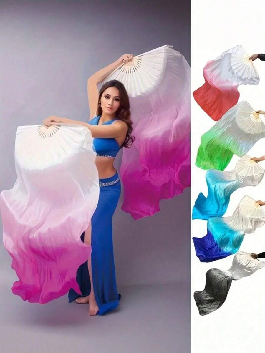 1pc Belly Dance Fan, Gradient Color Long Faux Silk Fan, Dance Performance Prop