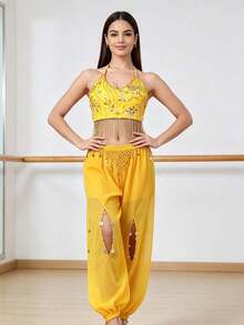 Atasan Crop Top Halter Berhiaskan Manik-Manik Tebal dengan Rumbai, Pinggang Elastis, Liontin Koin Berongga, Belahan, dan Celana Dansa Longgar dengan Manset (Tersedia Berbagai Warna) - MultiWarna - View 10
