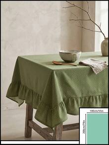 1pc Green Background White Polka Dot Pattern Ruffle Edge Tablecloth, Fresh Natural Style, Rectangular With Ruffle Edge And Pleated Detail, Decorative And Functional For Home Dining - Green - View 19