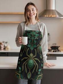 1pc/2pcs Vintage Halloween Green Gemstone Spider Apron, Dark Style Black Kitchen Apron, Faux Linen Printed Apron, Cooking Baking Grilling Apron, Gothic Style Holiday Party Home Decor Apron - Multicolor - View 9