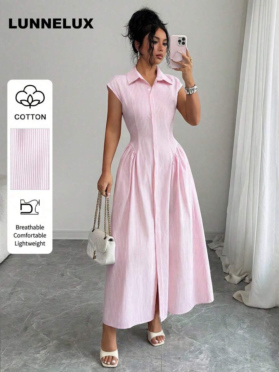 LUNNELUX Autumn Pink Pure Cotton Fine Striped Shirt Collar Short Sleeve Cinched Waist Front Slit Maxi Dress, Elegant Versatile Summer