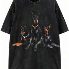 2026 New Arrival Summer Unisex Cerberus Doberman Graphic T-Shirt,Sleeve Tee, Gothic Three-Headed Dog Print Oversized Top For Streetwear - 黑2 - 查看 2