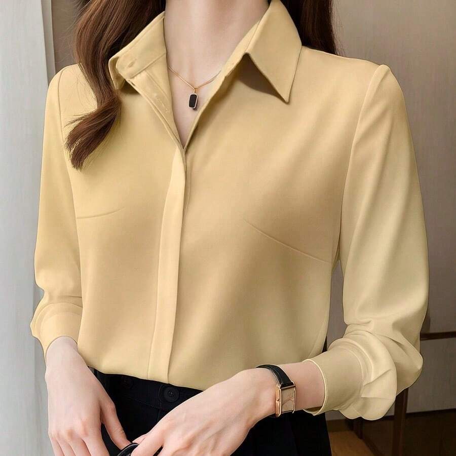 Plus Size Button-Up Long Sleeve Elegant Commuter Professional Blouse