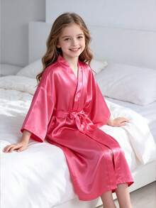 Young Girl Solid Color Waist Tie Casual Daily Home Sleepwear - Multicolor - View 4