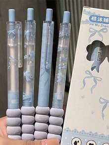 4pcs Cute Bow Press-Type Pens, Fashion Design, High Quality, Quick-Drying Neutral Ink, 0.5mm Black Ink, Suitable For Notebooks, Exams, Office Supplies And Student Gifts. - Ice Blue Bow Pen - View 4