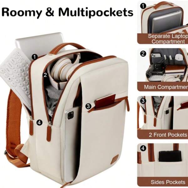 Reislaptoprugzak, past voor 15,6 inch laptop; ingebouwde bagagestrap kleine reisrugzak, voldoet aan de handbagagevoorschriften van luchtvaartmaatschappijen, witte forenzen zakelijke dagelijkse rugzak, geschikt voor buitenreizen, werkopbergtas, wandelrugzak