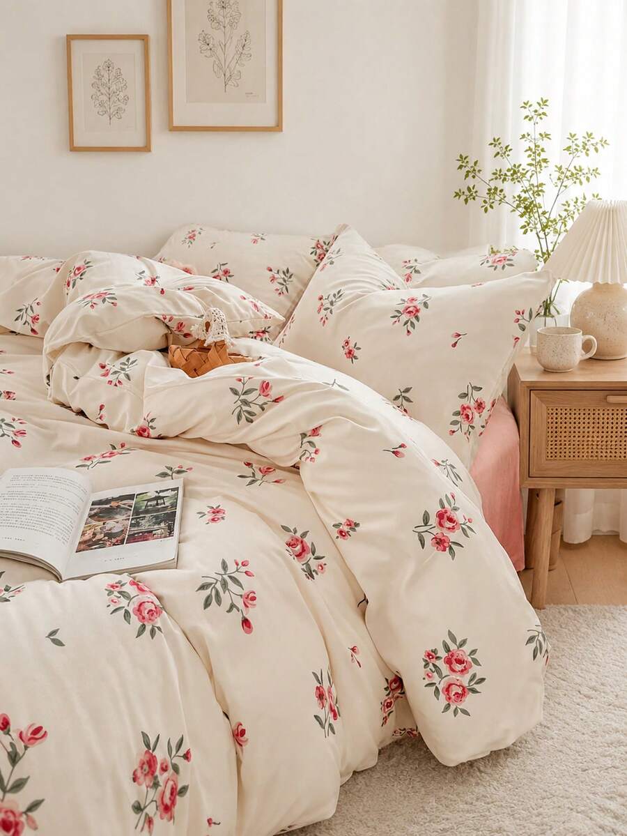 French Country Vintage Floral Duvet Cover 3 Pieces Set, Washed Synthetic Fiber, Includes 1 Duvet Cover And 2 Pillowcases, Duvet Insert And Pillow Inserts Not Included, Pillowcase Pattern Randomly Cut