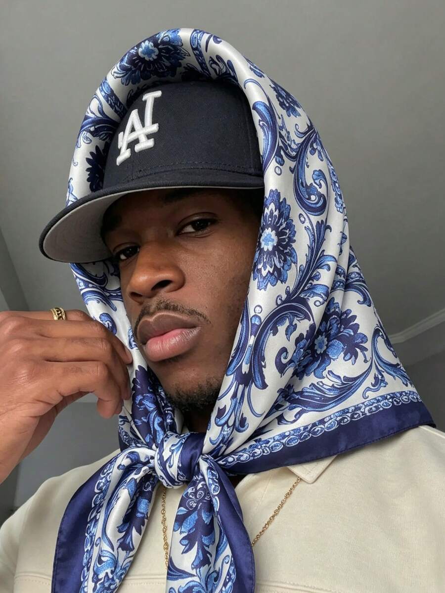 1PC Men's Blue And White Porcelain Print Satin Square Scarf, 90cm Multi-Functional Headscarf/Neck Scarf, Pocket Square, Sun Protection Headwear, Wrist Scarf, Suitable For All Seasons - Blue and White - View 1