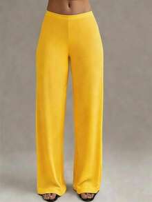 Plus Size Women High Waist Straight Leg Pants, New Spring/Summer Design - Mustard Yellow - View 2