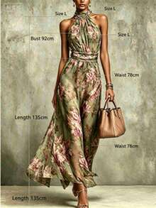 Elegant Women Green Floral Jacquard Halter Neck Long A Line Dress Sleeveless Slit Formal Events Mother Day High Waist Bodycon Maxi Dresses - 綠色 - 查看 6
