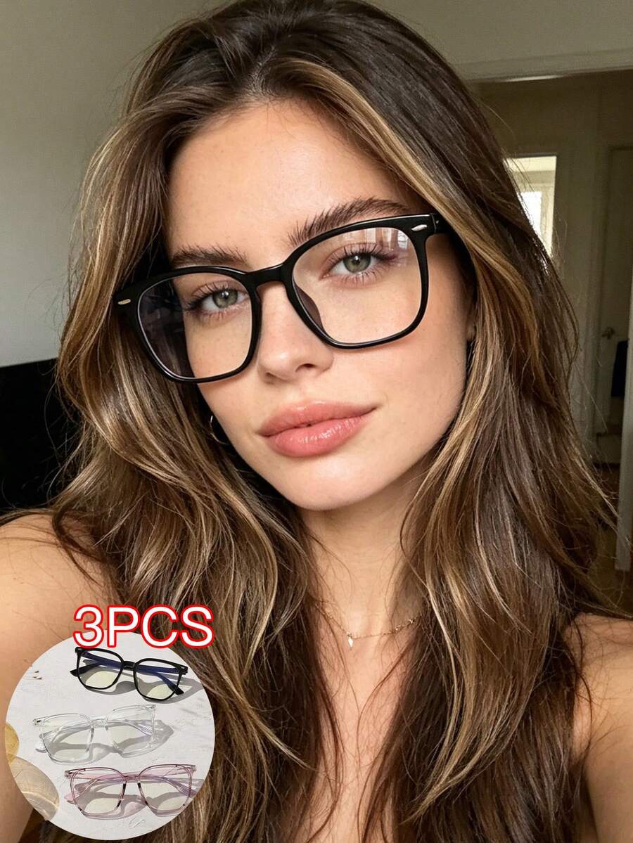3件組女款休閒百搭方框眼鏡架 純色輕量 PC 材質透明鏡片 適合日常辦公使用 附眼鏡盒 - 彩色 - 查看 1