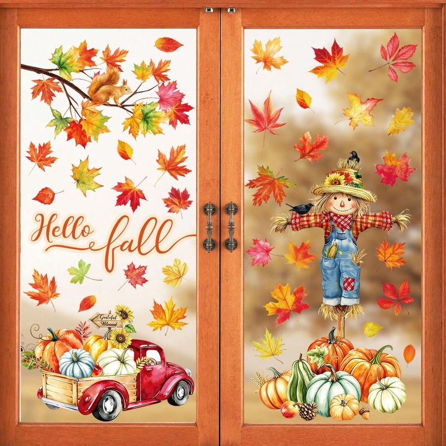 6 buah Stiker Jendela "Hello Fall", Gambar Orang-orangan Sawah, Truk Merah, , Daun Maple, Stiker Jendela Dua Sisi Bertema Panen Musim Gugur dan Thanksgiving, Cocok untuk Dekorasi Kaca Rumah - MultiWarna - View 1
