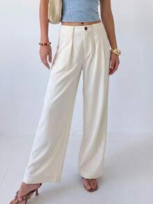 Pimkie Edition Women's Solid Color Waist Button Design Pleated Straight Leg Loose Casual Pants - Apricot - View 1