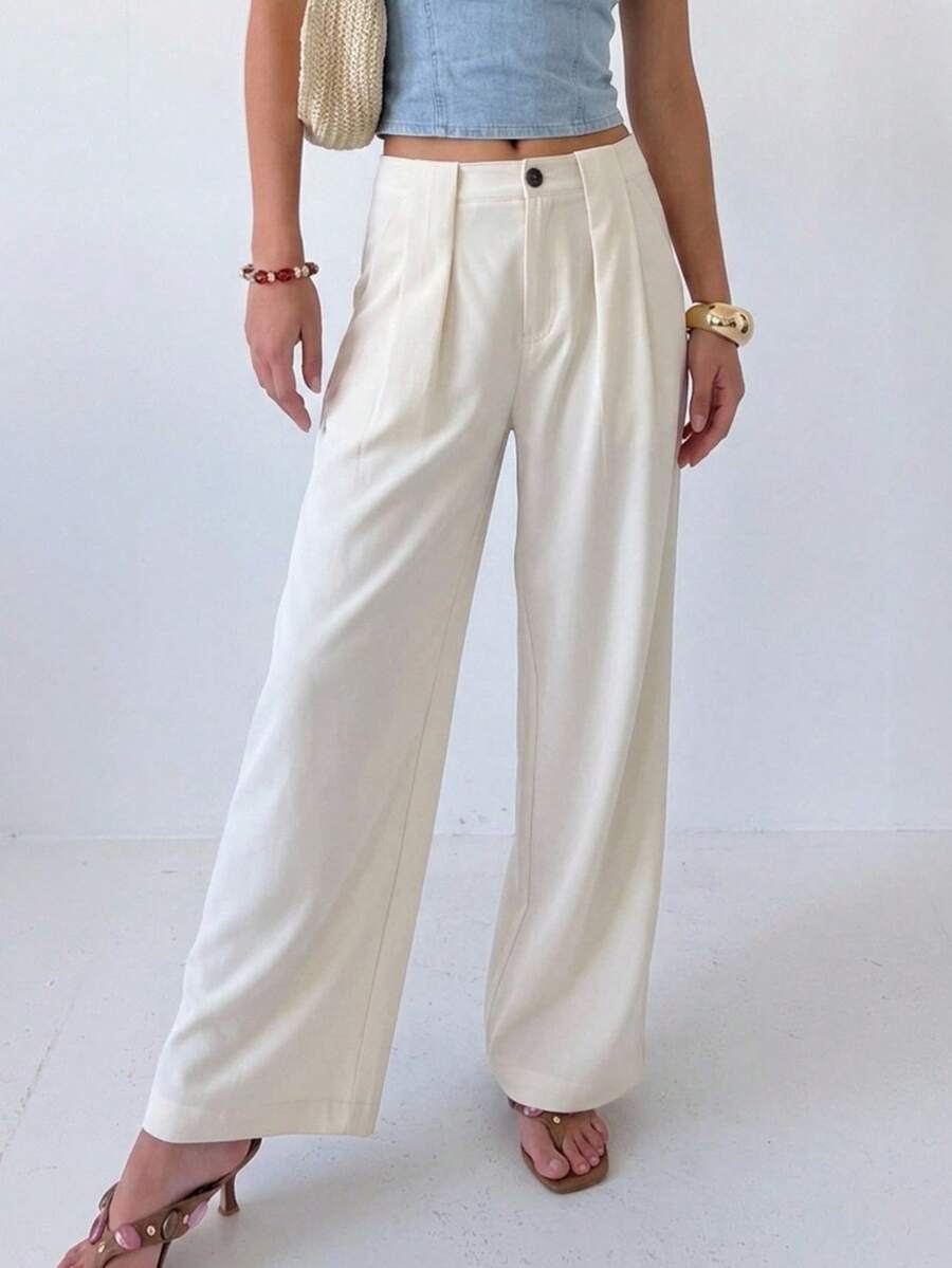 Pimkie Edition Women's Solid Color Waist Button Design Pleated Straight Leg Loose Casual Pants - Apricot - View 1
