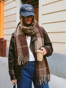 1PC Women's Casual Plaid Print Cashmere Scarf, Street Fashion Shawl, Suitable For Autumn/Winter Decoration, Holiday/New Year Gift - Khaki - View 2