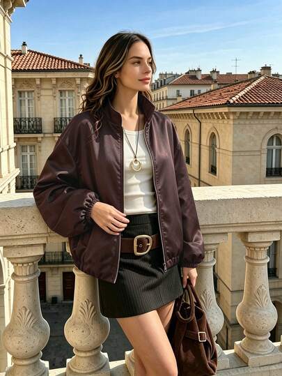 Chaqueta de béisbol de satén marrón oscuro con cuello alto para mujer, nueva para primavera/otoño, chaqueta corta vintage brillante con cremallera y caída holgada, chaqueta corta versátil con cuello alto y cremallera brillante para mujer
