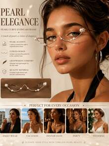 STONEFANS 1pc Women's Silver Pearl Rimless Glasses Frame, Y2K Curved Metal Wire Fashion Eyewear Face Accessory, Suitable For Party, Music Festival - Silver - View 2