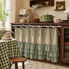 1Pc,Oven Skirt Curtain With Crochet Lace Tie Top Short Curtains,American Style Countryside Retro Solid Color Linen Fabric Patchwork Green Checkered Cake Skirt Bottom Trim Farmhouse Kick Plate Decor For Kitchen Stove Front, Dishwasher, Window Valance - Green - View 4