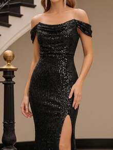 HOMEYEE Women's Black Sequin Strapless Sexy Bodycon High Slit Fitted Long Evening Gown Elegant Cocktail Shiny Formal Dress - Black - View 5