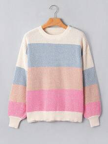 Acelitt Women's Loose Striped Pullover Sweater, Long Sleeve Knit Top With Ribbed Trim, Suitable For Autumn/Winter Wear - Multicolor - View 4