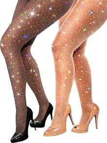 2 Pairs Plus Size Rhinestone Black & Nude Fishnet Stockings, High Elasticity Small Mesh Gothic Style Shiny Tights, Suitable For Holidays, Nightclubs, All Seasons - Multicolor - View 3