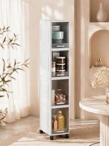 3/4/5-Layer Narrow Space-Saving Storage Cabinet With Sliding Doors, Multi-Functional Floor-Standing Storage Unit, Suitable For Kitchen, Bathroom, Storage Room, Compact Vertical Cabinet For Small Spaces, Multi-Layer Shelves With Drawer Gaps, Flip-Top Narrow Gap Storage Cabinet - Clear - View 5