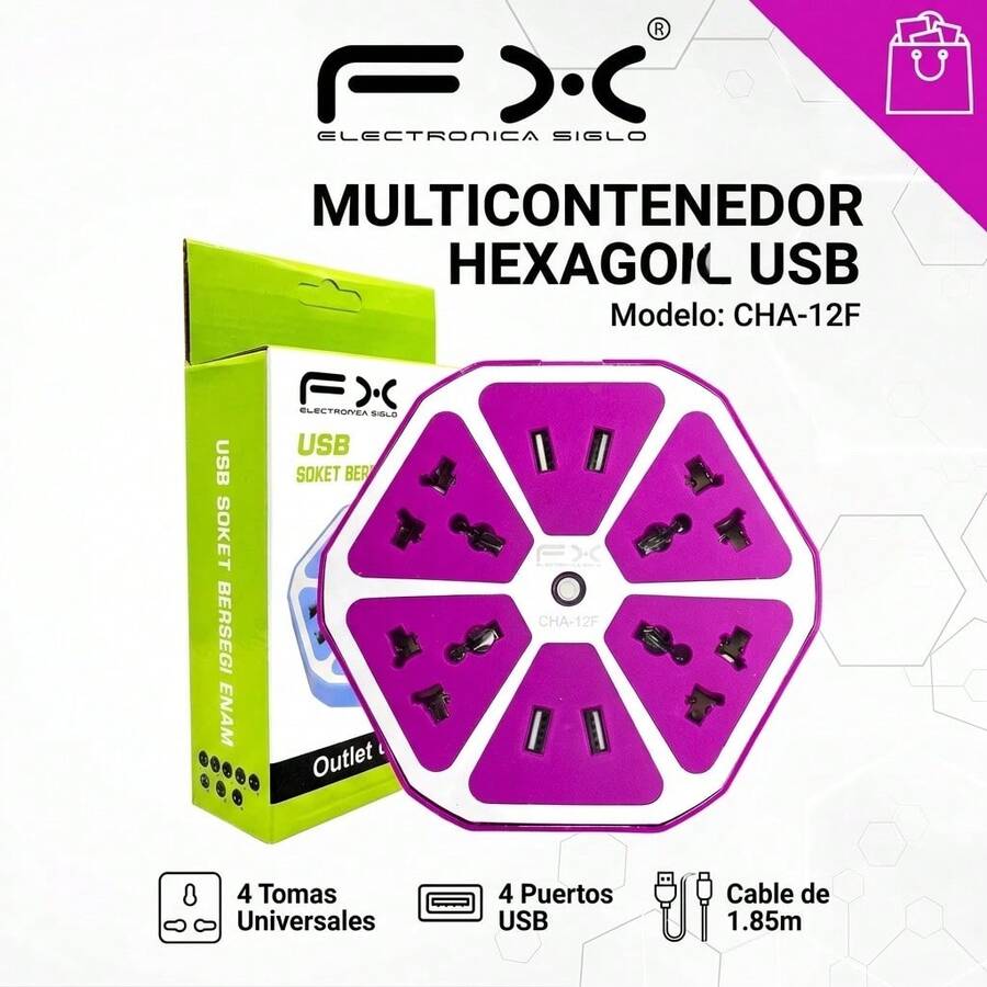 Hexagonal Power Strip With 4 Outlets And 4 USB Ports – 1.85m Cable, Surge Protection, 4 Colors Available - US A Type Plug(110-127V) - View 1