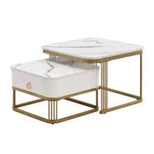 Nestable Coffee Table: High Gloss Marble Exterior, Gold Accents, Side Table With Drawer. Set Of Two - Multicolor - View 3