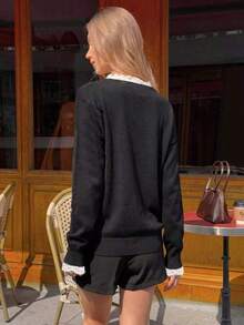 Women's Lace Trim V-Neck Top Elegant Long Sleeve Tee For Fall And Winter, Everyday Casual Outfits Perfect For Date - Black - View 7