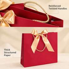 11pcs Red Kraft Paper Gift Bags With Gold Satin Ribbon And Twisted Rope Handles, Luxury Holiday Gift Tote Bags, Durable Paper Shopping Bags, Suitable For Christmas, Wedding, Birthday, Boutique Packaging And Other Occasions. - View 5