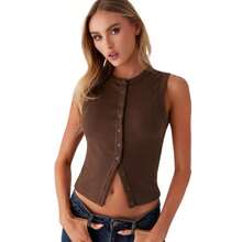 Summer New Knitted Simple Slim Sleeveless Solid Color Undershirt Undershirt Women - 咖啡色 - 查看 2