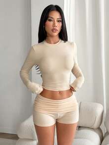 Solid Crew Neck Long Sleeve Crop Top & Fold Over Ruched Low Waist Shorts Two Pieces Set, Casual Streetwear Vacation Daily Lounge Outfit Elegant - Apricot - View 3