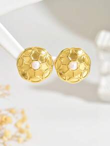 VceTd 1 Pair Fashion Football Pattern Plastic Shaped Stainless Steel Women's Stud Earrings, Suitable For Daily Wear And Commuting, Jewelry Gift For Friends - Yellow Gold - View 4