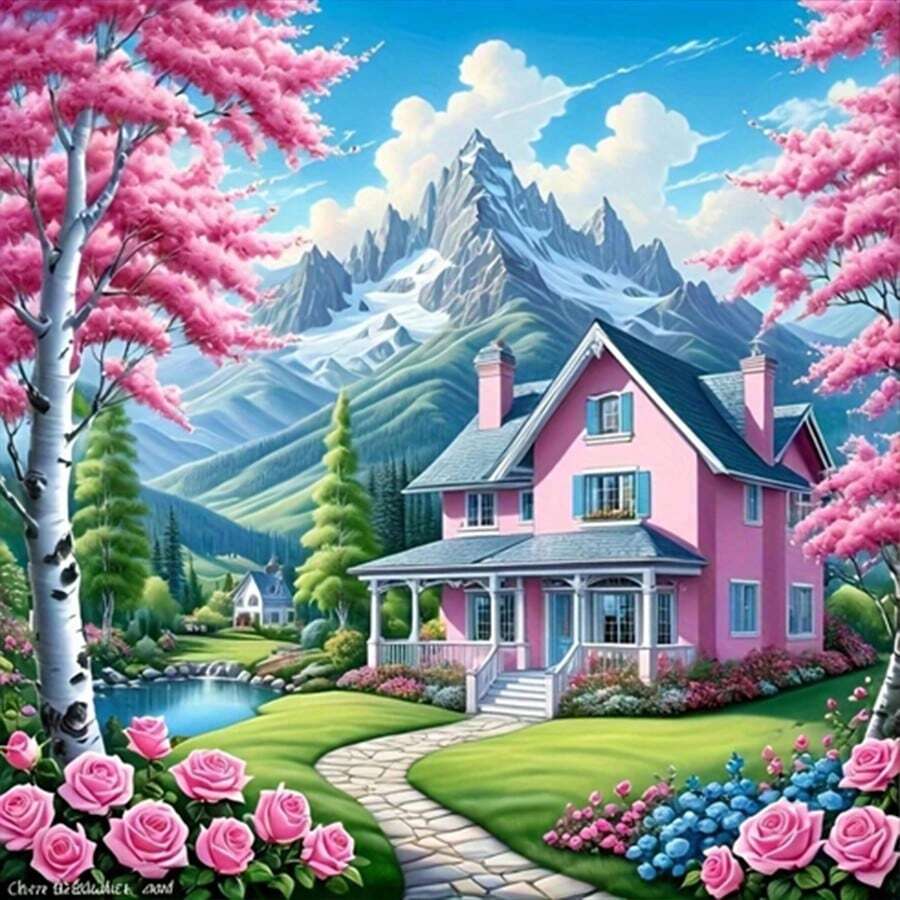DIY 5D Diamond Painting Kit - Full Drill Round Diamonds, House Pattern, Home Decor Acrylic Craft Set, Frameless Gift Creative Diamond Painting Set