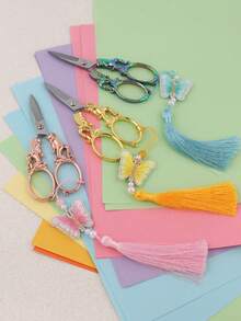 Vintage Carved Craft Scissors With Butterfly Silk Tassel, Sharp Stainless Steel Blade, Decorative Metal Handle, Suitable For Sewing, Cross Stitch And DIY Projects, Elegant Traditional Keepsake For Embroidery And Needlework Enthusiasts - Multicolor - View 3