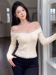 2026 Spring/Autumn Cream Ribbed Knit Cardigan - Elegant Off-Shoulder ...